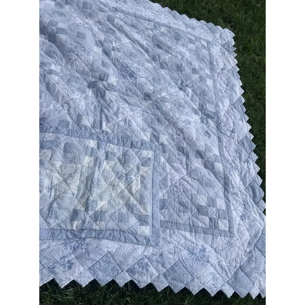 Vintage Laura Ashley Blue White Patchwork Quilt Full Queen 2 Shams 1990s
